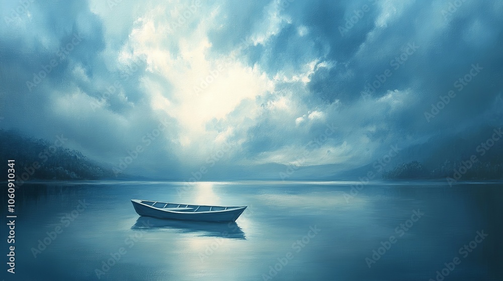 A small wooden boat sits alone on a still lake, surrounded by a dramatic sky. A small wooden boat sits alone on a still lake, surrounded by a dramatic sky.