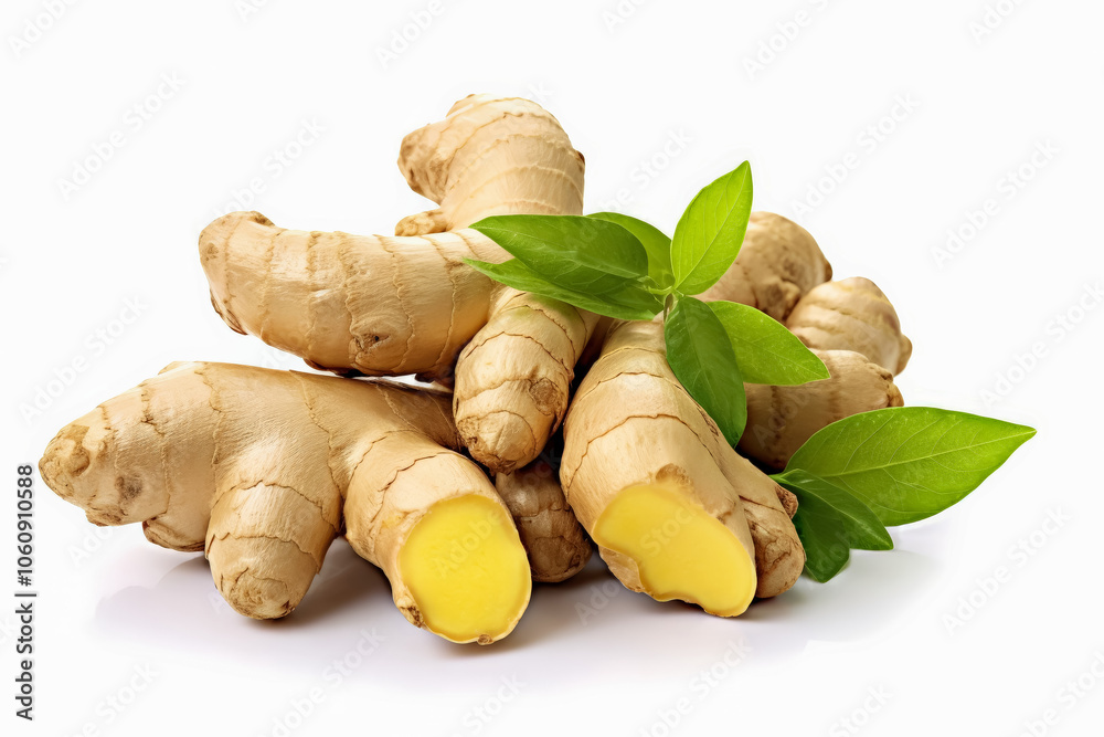 Pile of ginger root with one of them cut open. The ginger root is fresh and has a bright yellow color Pile of ginger root with one of them cut open. The ginger root is fresh and has a bright yellow color