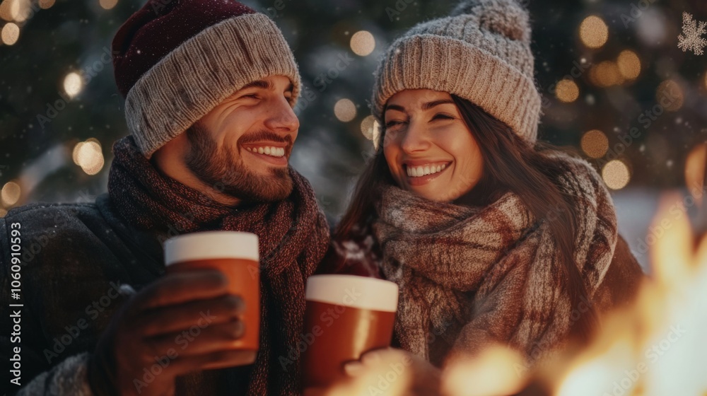 Couple Enjoying Winter Evening With Hot Drinks. Couple Enjoying Winter Evening With Hot Drinks.
