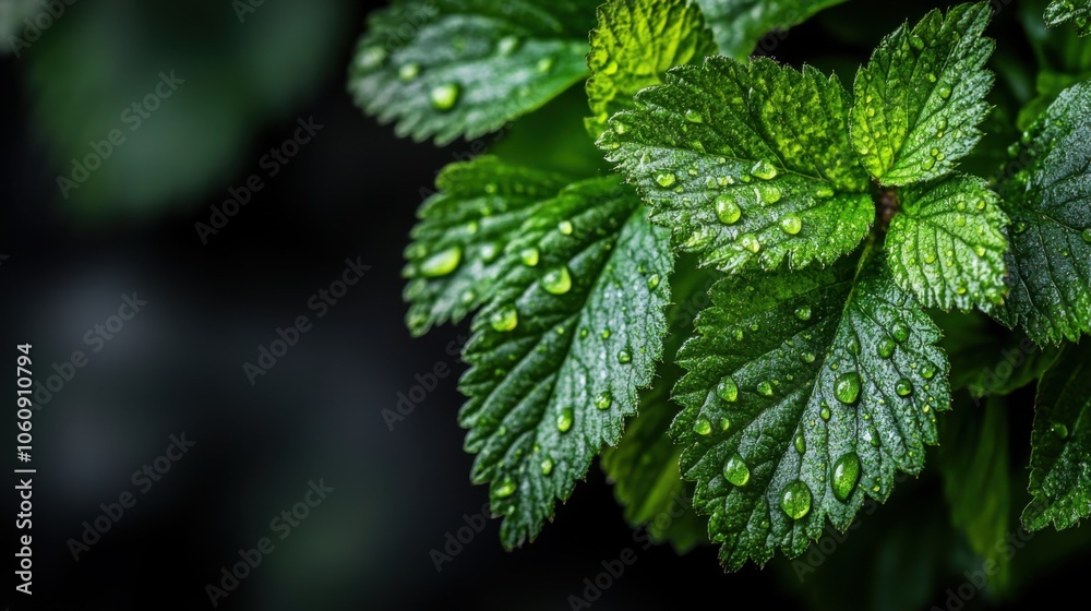 Fresh Herbal Leaves with Morning Dew in Macro Shot Fresh Herbal Leaves with Morning Dew in Macro Shot