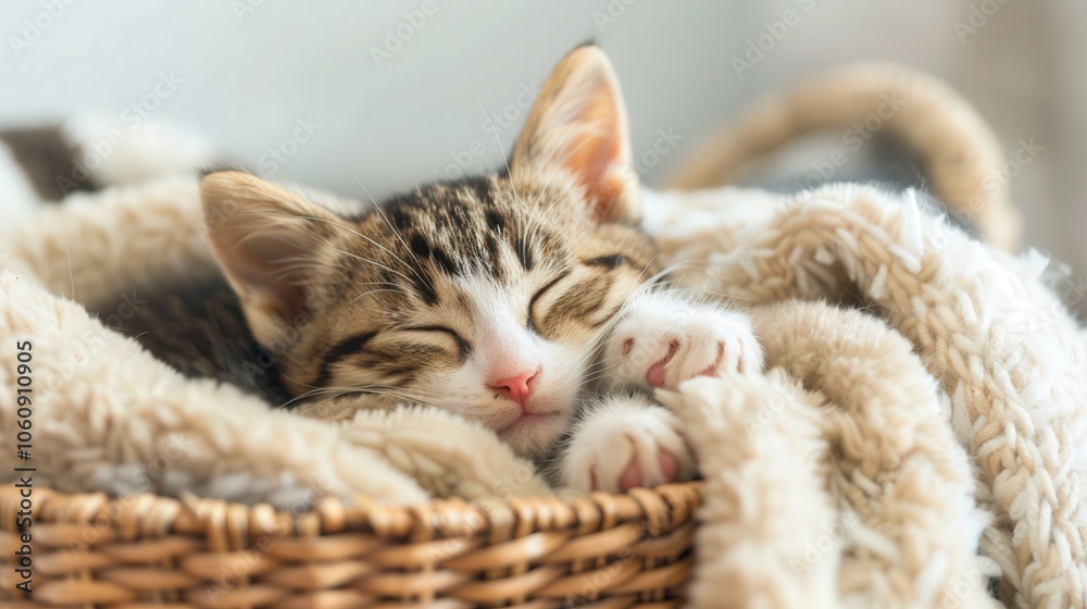 Sleeping kitten nestled in a cozy basket surrounded by a soft blanket, exuding tranquility and warmth, creating a serene atmosphere perfect for relaxation. Sleeping kitten nestled in a cozy basket surrounded by a soft blanket, exuding tranquility and warmth, creating a serene atmosphere perfect for relaxation.