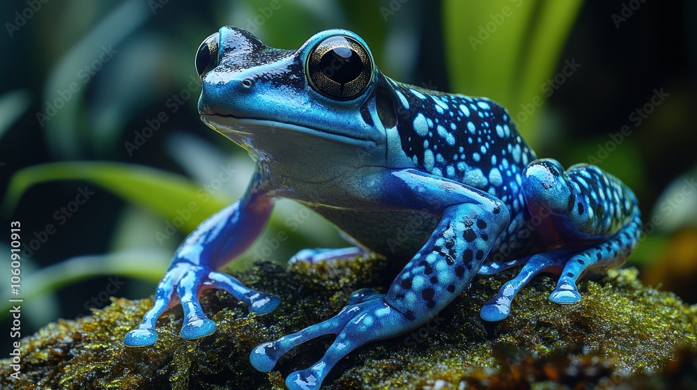 A vibrant blue and black poison dart frog sits on a mossy rock, its large, dark eyes staring intensely at the camera. A vibrant blue and black poison dart frog sits on a mossy rock, its large, dark eyes staring intensely at the camera.