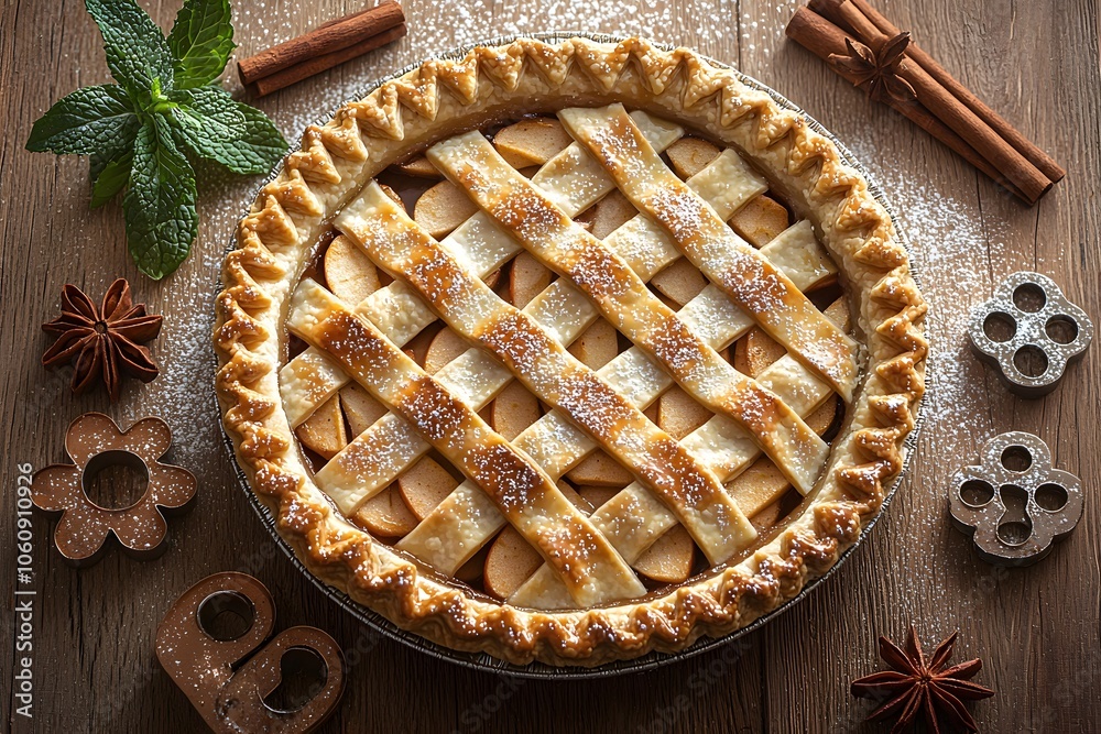 Delicious homemade apple pie with lattice crust and spices on wooden table Delicious homemade apple pie with lattice crust and spices on wooden table