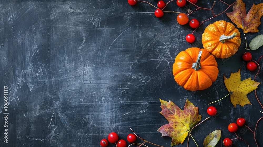 Autumn-themed flat lay with leaves, berries, and pumpkin on blackboard.