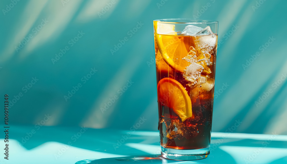 Glass of ice cold tea sits on a blue table. The ice cubes in the glass are melting, creating a refreshing drink. Concept of relaxation and enjoyment Glass of ice cold tea sits on a blue table. The ice cubes in the glass are melting, creating a refreshing drink. Concept of relaxation and enjoyment