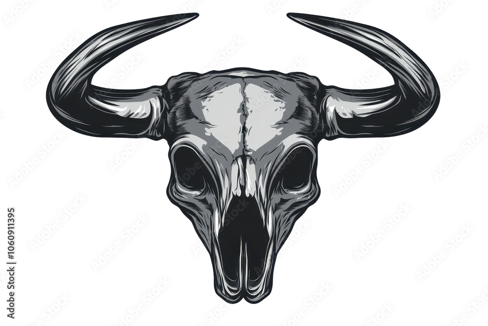 Vector illustration of a bull skull with large horns, showcasing intricate details and a monochrome theme, perfect for tattoos or logos. Vector illustration of a bull skull with large horns, showcasing intricate details and a monochrome theme, perfect for tattoos or logos.