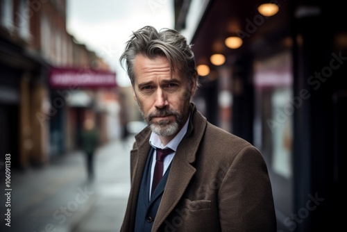 Portrait of a handsome mature man with gray hair and beard wearing a coat in a city street.