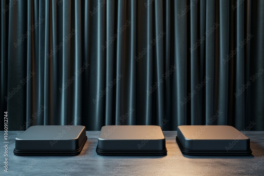 Minimalist podium mockups with black rectangular platforms against a dark backdrop in soft lighting Minimalist podium mockups with black rectangular platforms against a dark backdrop in soft lighting