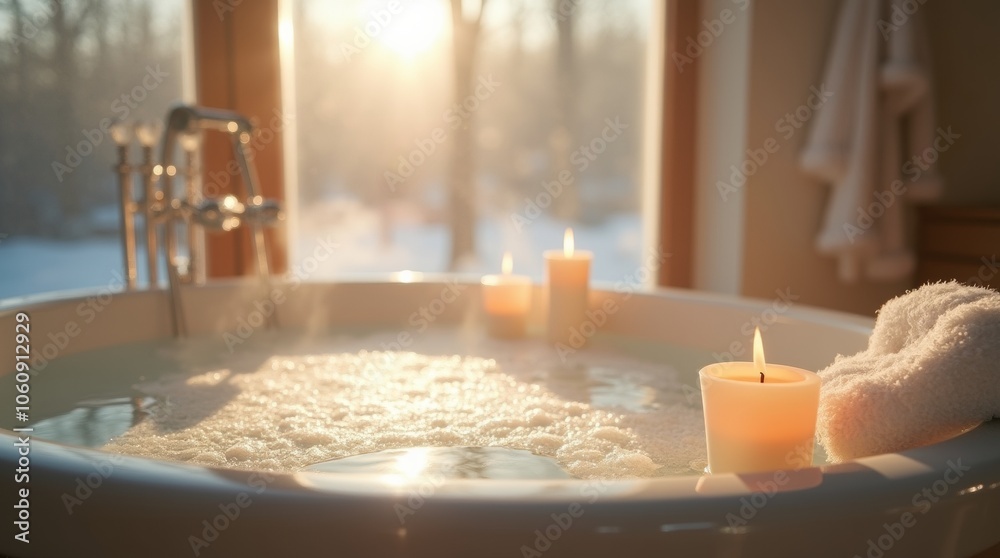 close-up of a bathtub with steaming water, surrounded by candles and a fluffy bathrobe hanging nearby, bright winter sunlight filtering in through frosted windows, calm and soothing winter self-care close-up of a bathtub with steaming water, surrounded by candles and a fluffy bathrobe hanging nearby, bright winter sunlight filtering in through frosted windows, calm and soothing winter self-care