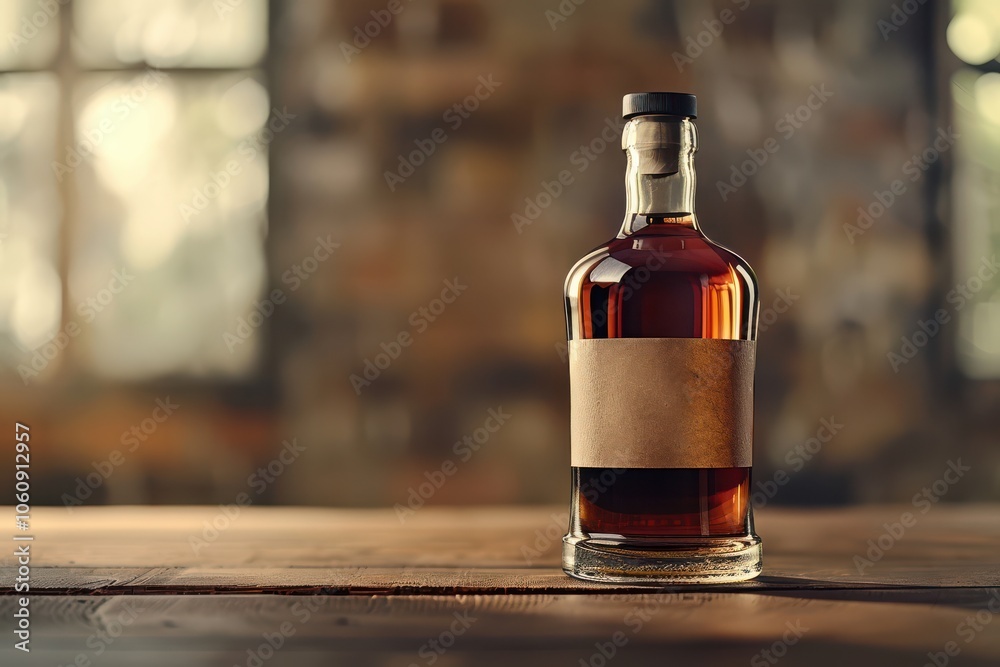 Whiskey bottle featuring a clean, minimalist label design, suitable for product branding or advertising mockups. Free copy space for text. Whiskey bottle featuring a clean, minimalist label design, suitable for product branding or advertising mockups. Free copy space for text.