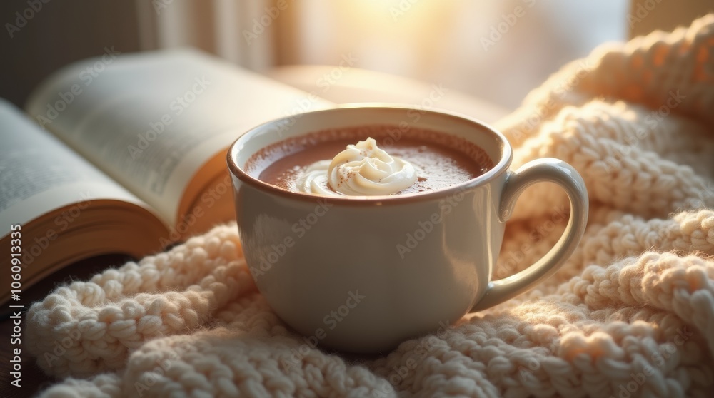 hot cocoa with whipped cream in a ceramic mug, sitting on a table next to a book and cozy knitted blanket, bright sunlight coming in through a window, peaceful and inviting winter self-care setting hot cocoa with whipped cream in a ceramic mug, sitting on a table next to a book and cozy knitted blanket, bright sunlight coming in through a window, peaceful and inviting winter self-care setting