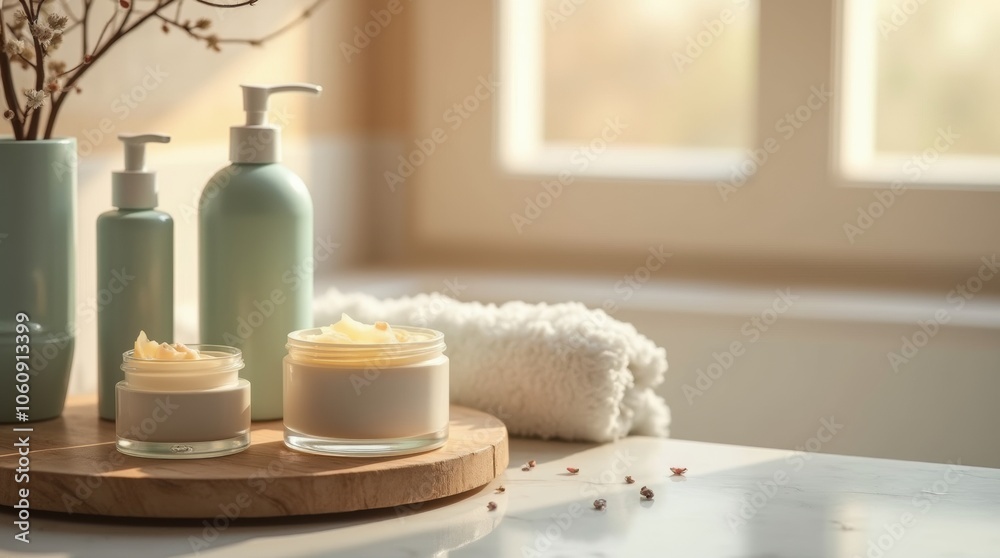 winter skincare routine setup with moisturizing creams, serums, and a soft towel on a bathroom counter, warm natural light from a window, cozy and clean environment with a focus on healthy skin winter skincare routine setup with moisturizing creams, serums, and a soft towel on a bathroom counter, warm natural light from a window, cozy and clean environment with a focus on healthy skin