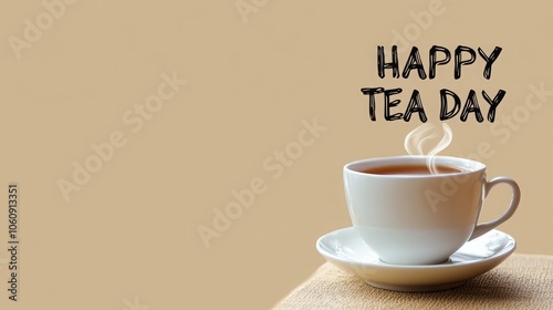 A steaming cup of tea with the words 'Happy Tea Day' written above it. photo