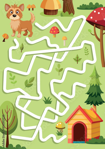 Colorful Maze in Enchanted Forest with Dog and Mushrooms