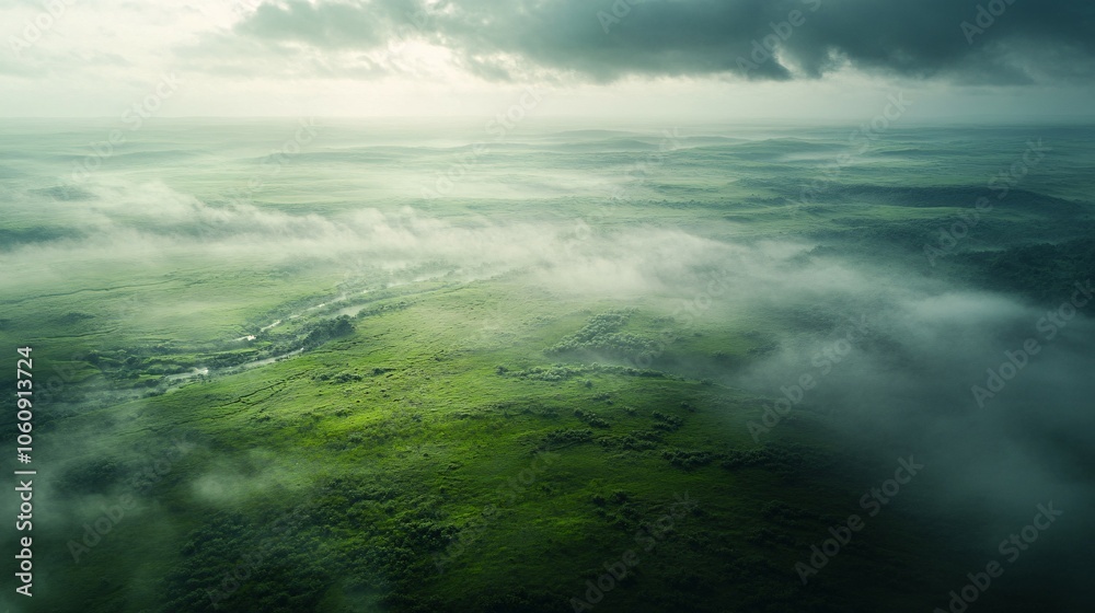 Fototapeta premium Aerial View of Misty Green Valley