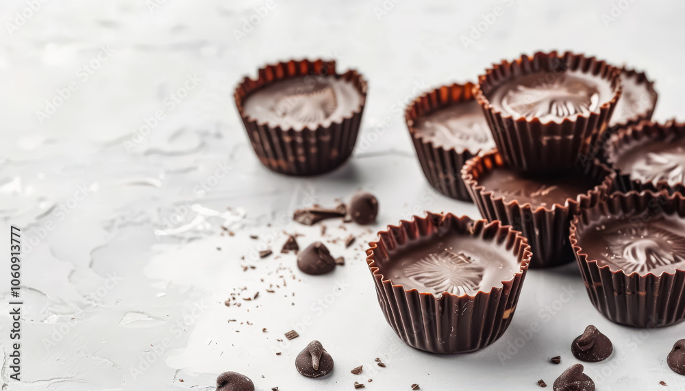 Three chocolate cupcakes stacked on top of each other with chocolate chips on the bottom. Concept of indulgence and sweetness, as the cupcakes are piled high and covered in chocolate chips