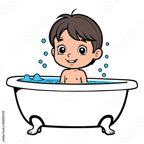 Cute Cartoon Boy Enjoying a Bath in a Bathtub