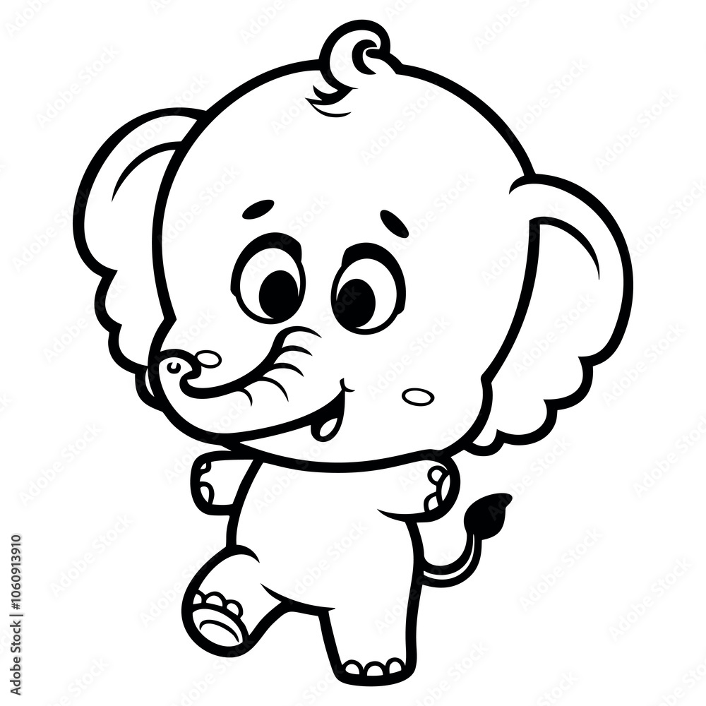 Adorable Cartoon Elephant Illustration in Black and White Outline Adorable Cartoon Elephant Illustration in Black and White Outline