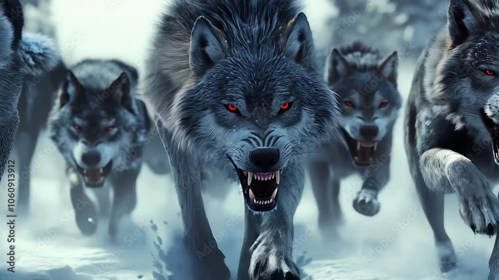 Fierce pack of gray wolves with bared teeth hunting in snowy landscape, showcasing their powerful presence and predatory instincts.