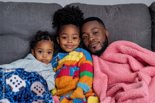 A Black father snuggles with his two daughters on a cozy couch, wrapped in colorful blankets, radiating warmth and affection.