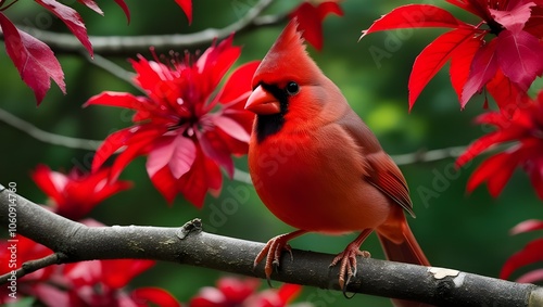 A beautiful Red Northern cardinal perched on a tree branch