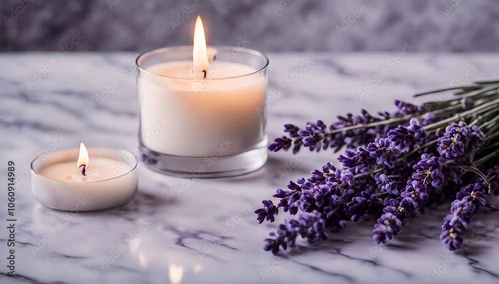Lavender Bundle with Candle on Marble Table Lavender Bundle with Candle on Marble Table