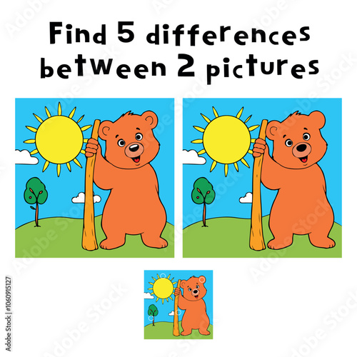 Find 5 Differences Puzzle with Cute Cartoon Bear