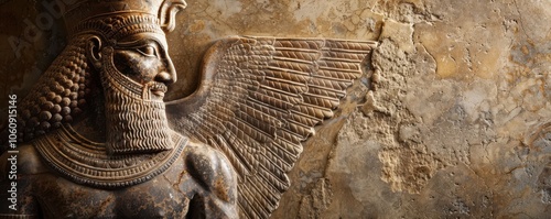 Detailed relief of Gilgamesh, the legendary Sumerian demigod, from ancient Mesopotamian culture. Free copy space for text.