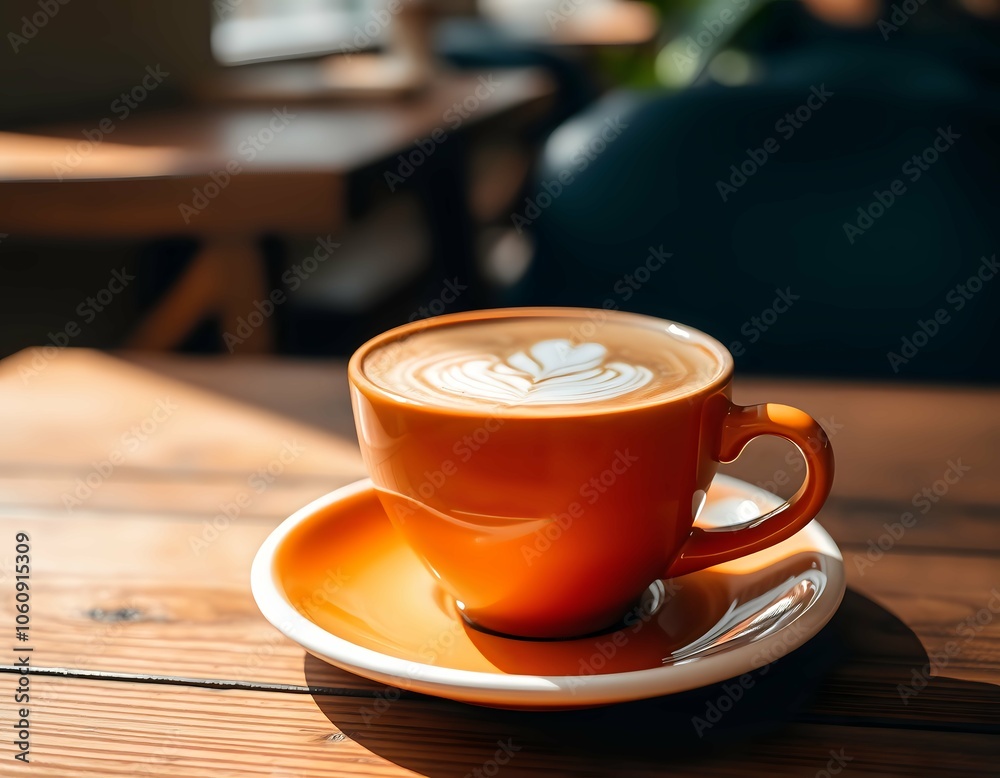 Fototapeta premium Orange Coffee Cup with Latte Art in Cozy Cafe Setting – Warm and Inviting Photograph