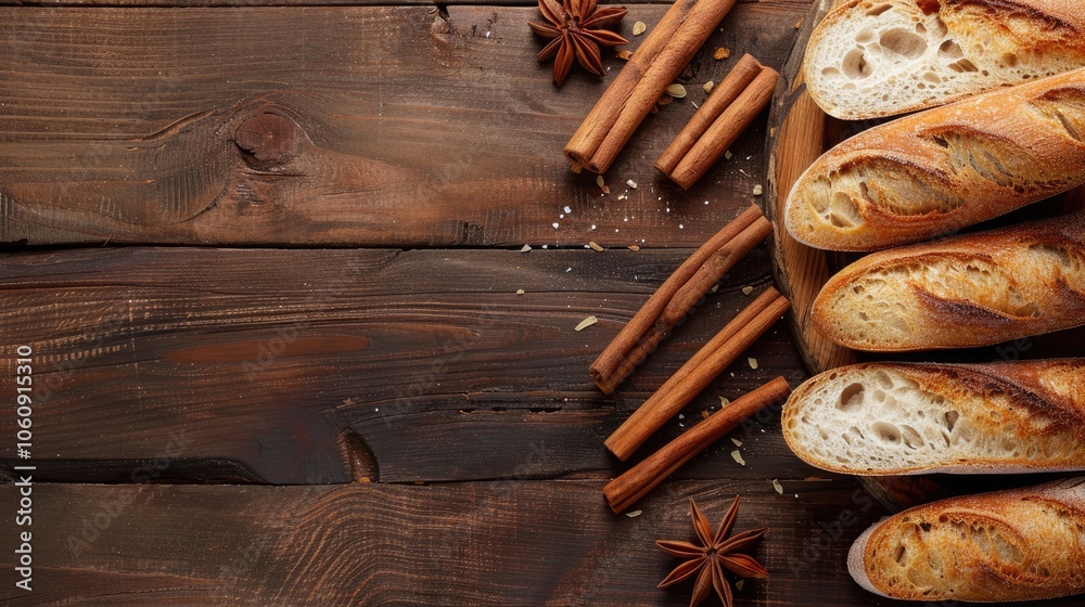 French baguette slices and cinnamon sticks on wooden surface, with space for text. French baguette slices and cinnamon sticks on wooden surface, with space for text.