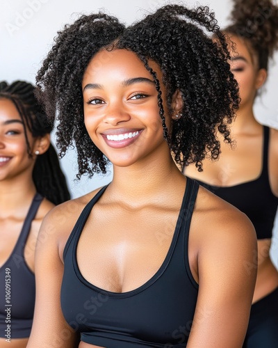 A joyful Black girl with curly hair smiles confidently, surrounded by friends in athletic wear, exuding positivity and strength.