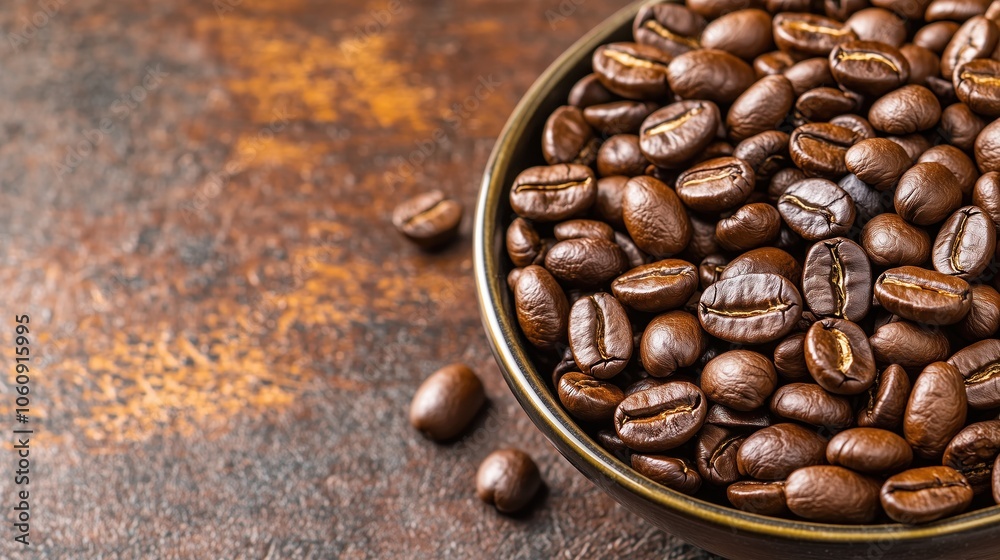 Fototapeta premium Freshly roasted coffee beans in a brown bowl on a rustic wooden table, copy space