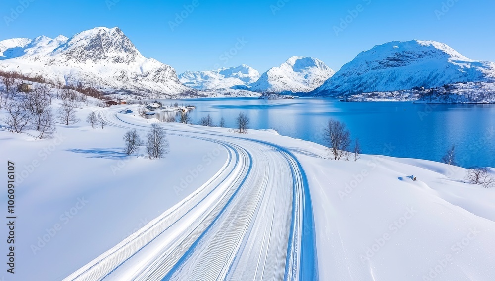 A winter landscape with skiers and ski tracks for winter sports and adventure projects in bright sunlight A winter landscape with skiers and ski tracks for winter sports and adventure projects in bright sunlight