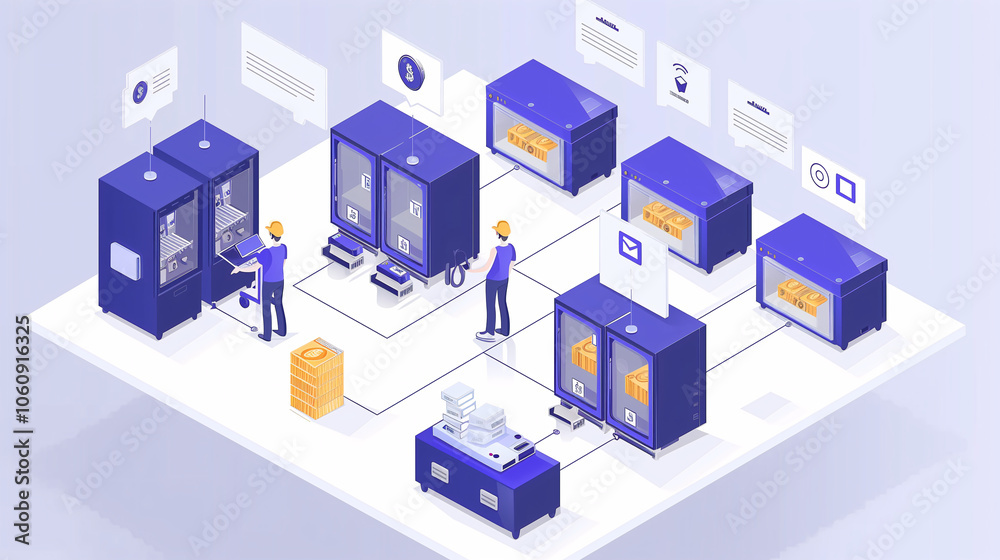 Ilustración de centro de datos con profesionales y servidores conectados Ilustración de centro de datos con profesionales y servidores conectados