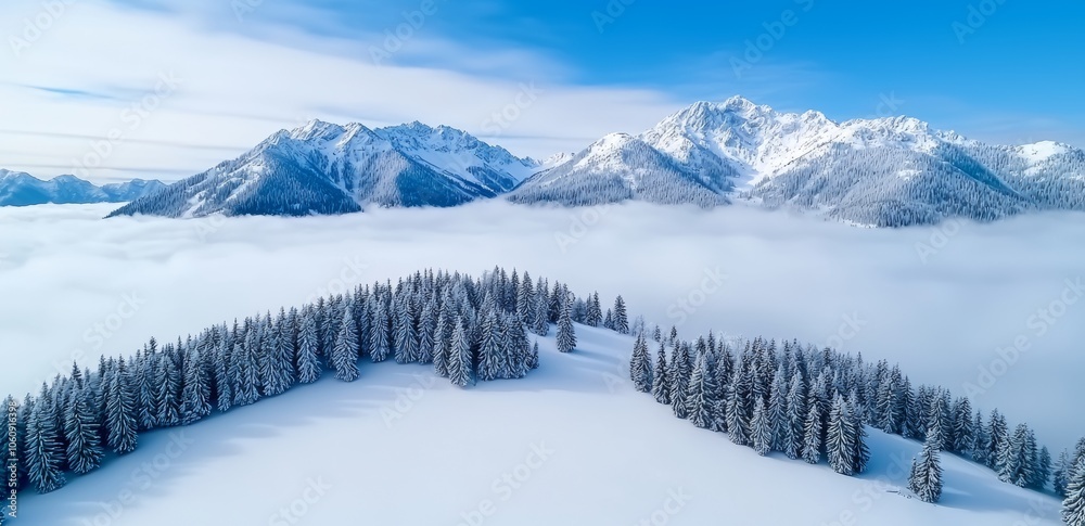 An aerial view of a foggy winter landscape in the mountains An aerial view of a foggy winter landscape in the mountains