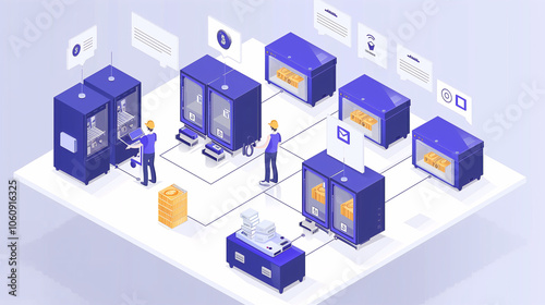 Ilustración de centro de datos con profesionales y servidores conectados