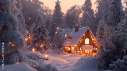 Peaceful snowy christmas village with glowing cottage lights. Snowy Village. Illustration