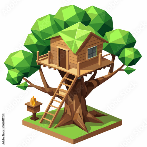 A low-poly treehouse in wood with green leaves