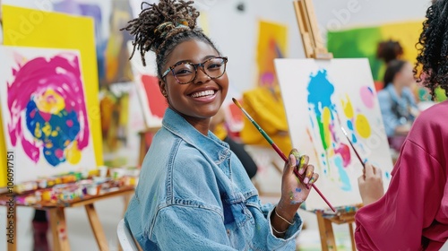 Smiling Black woman in a denim jacket painting in a vibrant art studio, surrounded by colorful canvases. photo