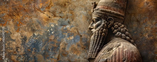 Detailed relief of Gilgamesh, the legendary Sumerian demigod, from ancient Mesopotamian culture. Free copy space for text.