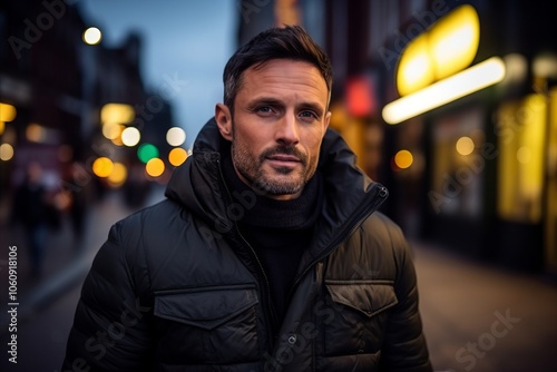 Portrait of a handsome man in a city street at night.