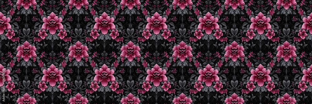 Elegant pink floral seamless pattern on dark background for wallpaper or fabric design Elegant pink floral seamless pattern on dark background for wallpaper or fabric design