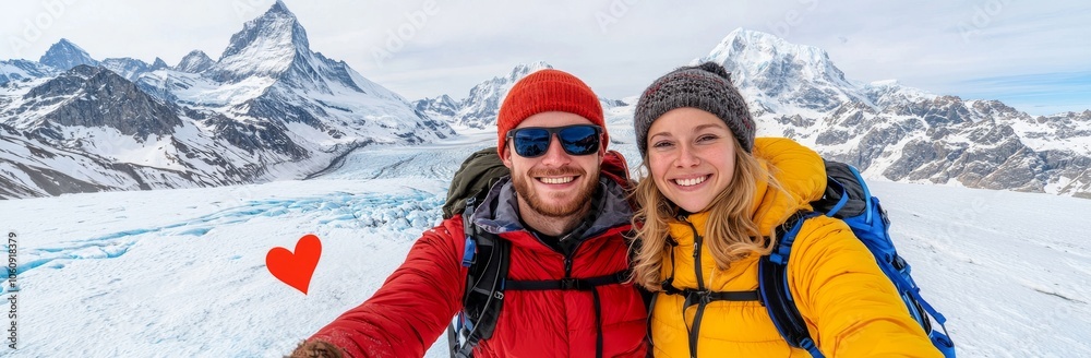 Two hikers walking together hiking in the wilderness. Alpine climbers trekking through ice-snow mountains. Panorama banner of a team hiking in the winter. Two hikers walking together hiking in the wilderness. Alpine climbers trekking through ice-snow mountains. Panorama banner of a team hiking in the winter.