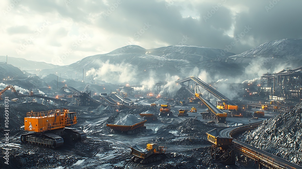 A large open-pit mine with heavy machinery, conveyor belts, and steam rising from the ground. A large open-pit mine with heavy machinery, conveyor belts, and steam rising from the ground.