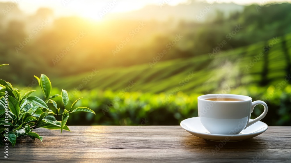 A steaming cup of tea sits on a wooden table with a lush tea plantation and sunrise in the background. A steaming cup of tea sits on a wooden table with a lush tea plantation and sunrise in the background.