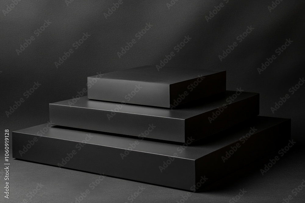 Minimalist podium mockups with black rectangular platforms on a dark background and soft lighting in a studio Minimalist podium mockups with black rectangular platforms on a dark background and soft lighting in a studio