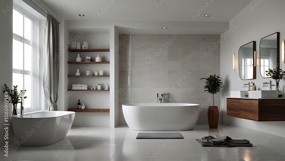 Modern Bathroom Design with Freestanding Tub and Double Vanity