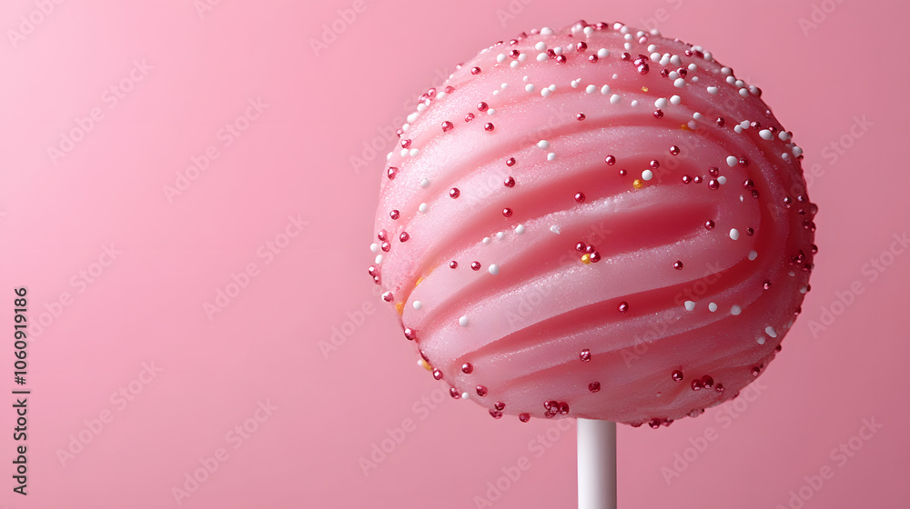 Elegant pink cake pop with sprinkles on a pastel background