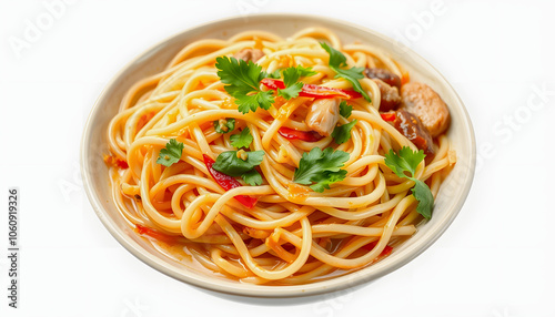 Noodles with thai food cooking ingredients isolated with white shades, png