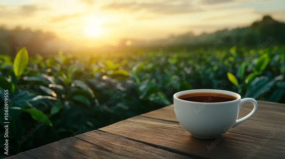 A white mug of hot tea sits on a wooden table overlooking a tea plantation at sunset. The sun's glow casts a warm light on the lush greenery. A white mug of hot tea sits on a wooden table overlooking a tea plantation at sunset. The sun's glow casts a warm light on the lush greenery.